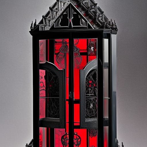 Gothic curio cabinet painted shiny black with crimson red accents& gothic vibes& Beautiful craftsmanship vibes& perfect ...