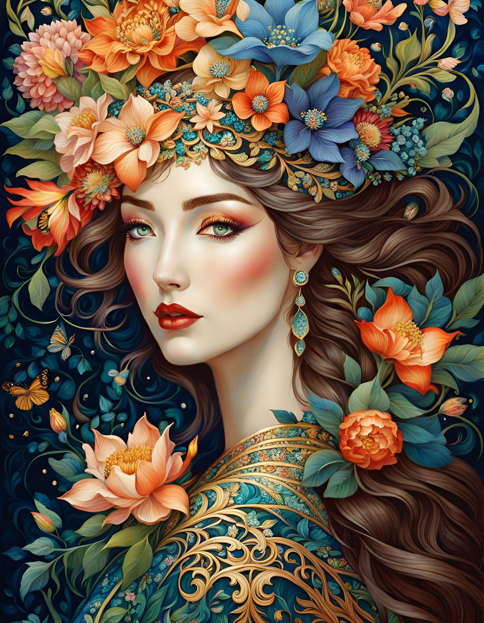 Woman in Flowers: Mythical Illustration with Vivid Colors