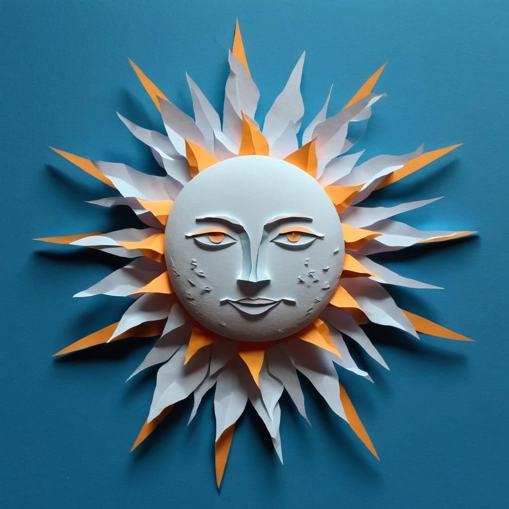 3D Paper Moon and Sun on Blue Wall