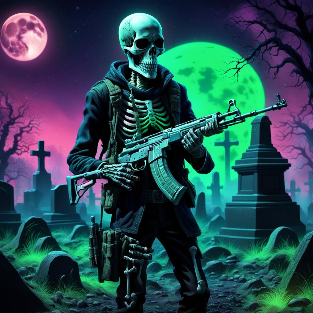 Mystical Graveyard: Skeleton with AK-47 in Dark Fantasy Styl...
