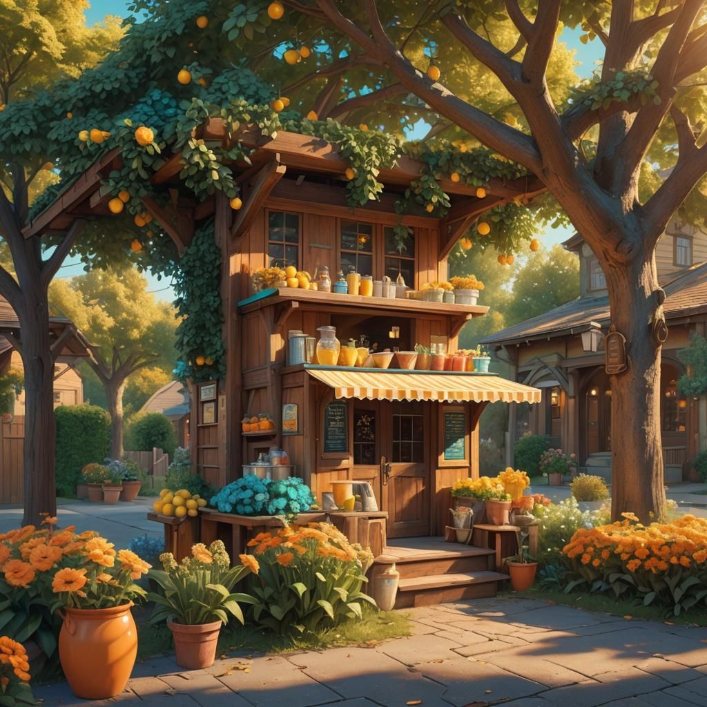 Golden Hour Lemonade Stand in Storybook Style