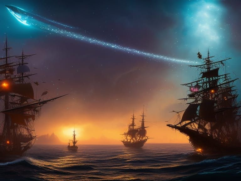 Bioluminescent Bay with Pirate Ship: Fantasy Art