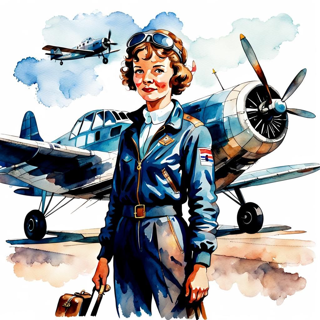 Amelia Earhart and Plane in Watercolor Style