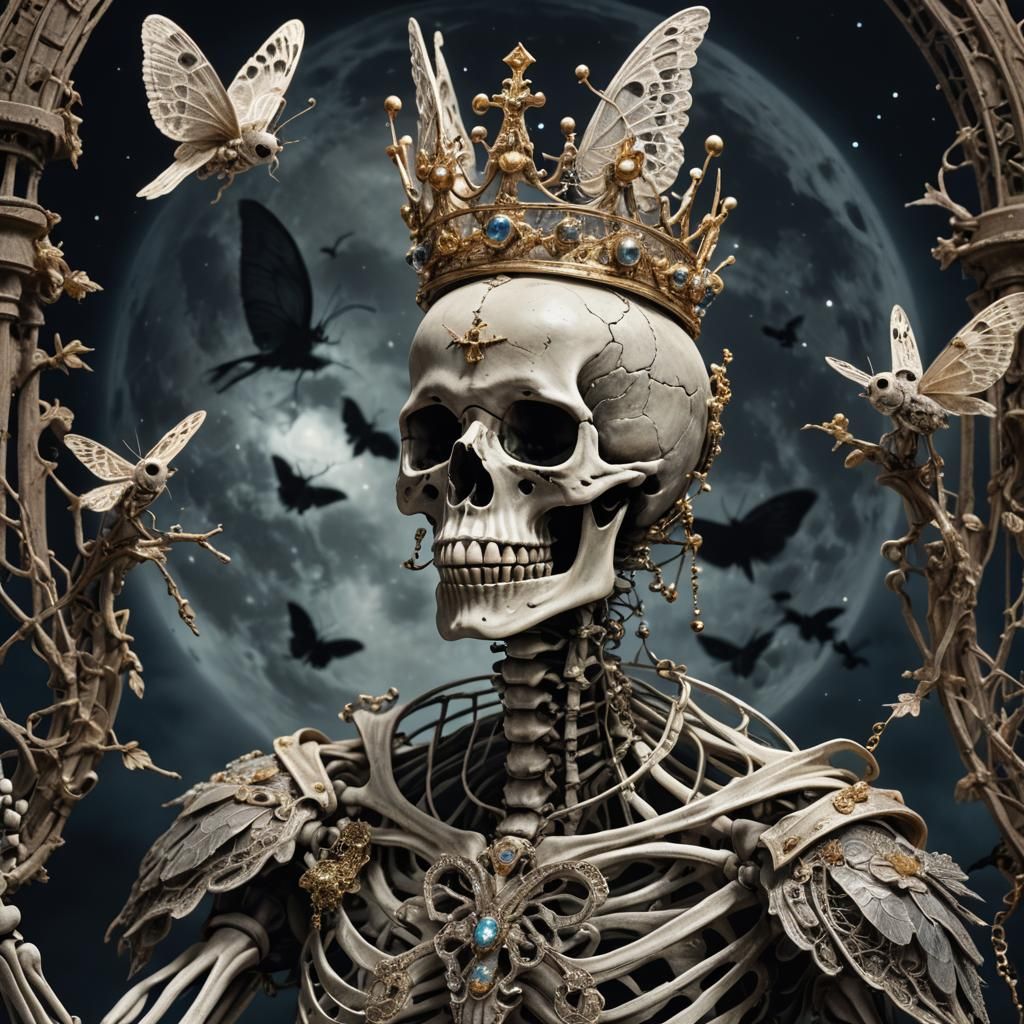 Ethereal Skeleton King with Moths in Moonlight