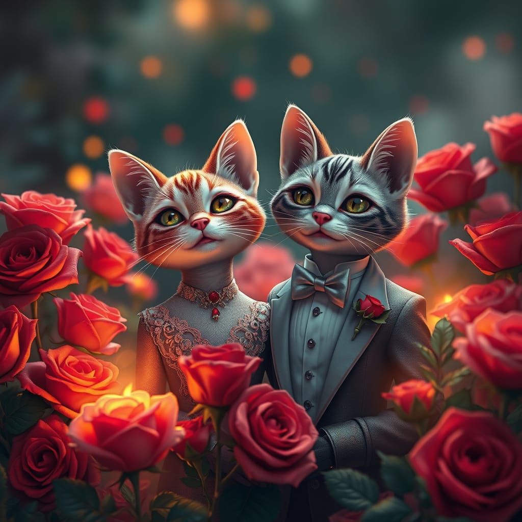 Cute Valentine's cat couple with red roses