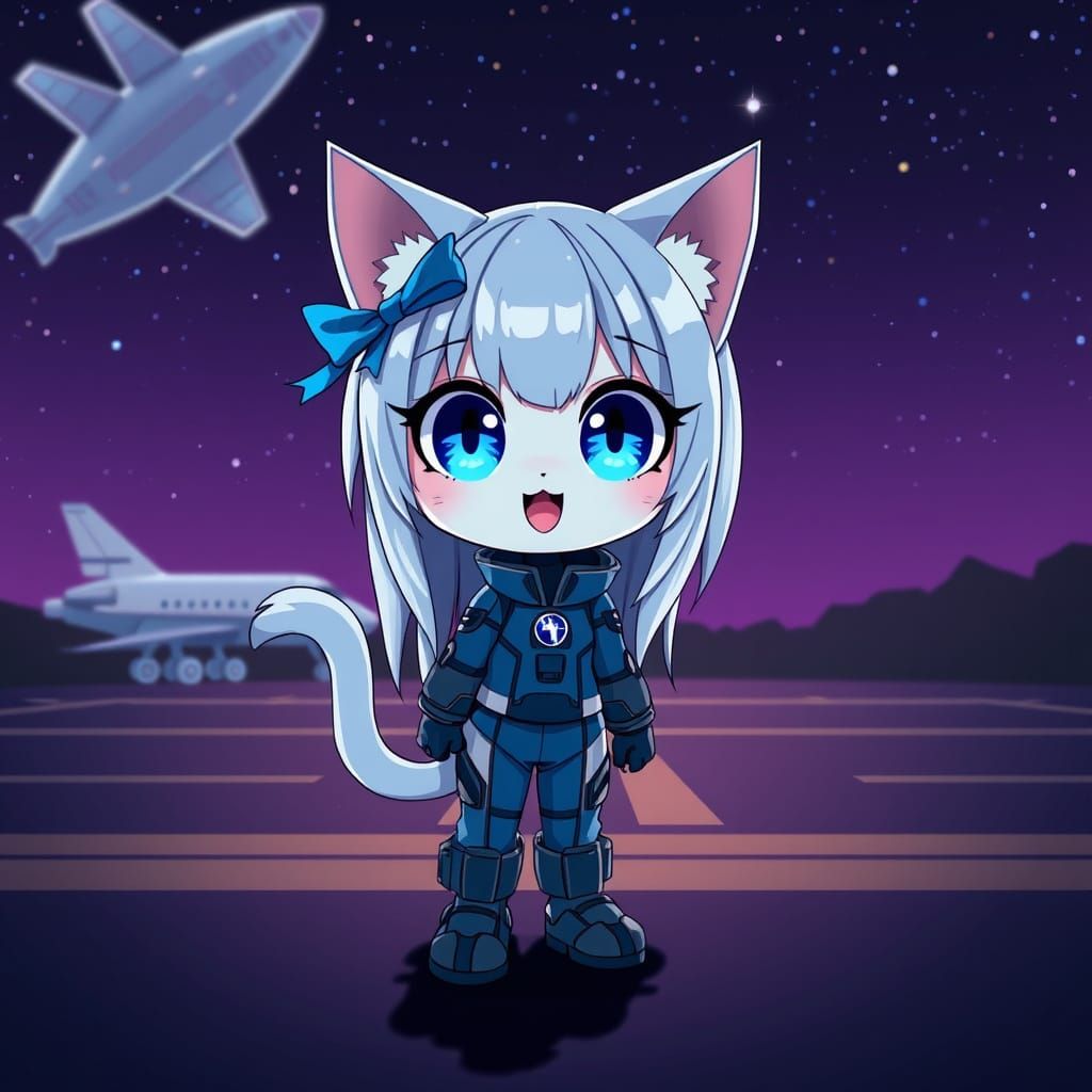Anime Catgirl Amazed by Space Shuttle in Synthwave Style