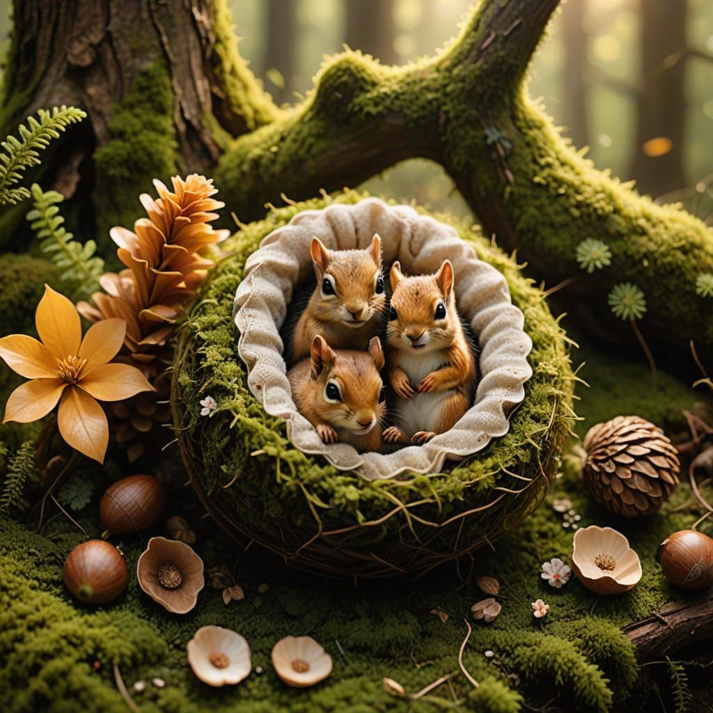 Magical Walnut Nest with Sleeping Squirrel and Girl
