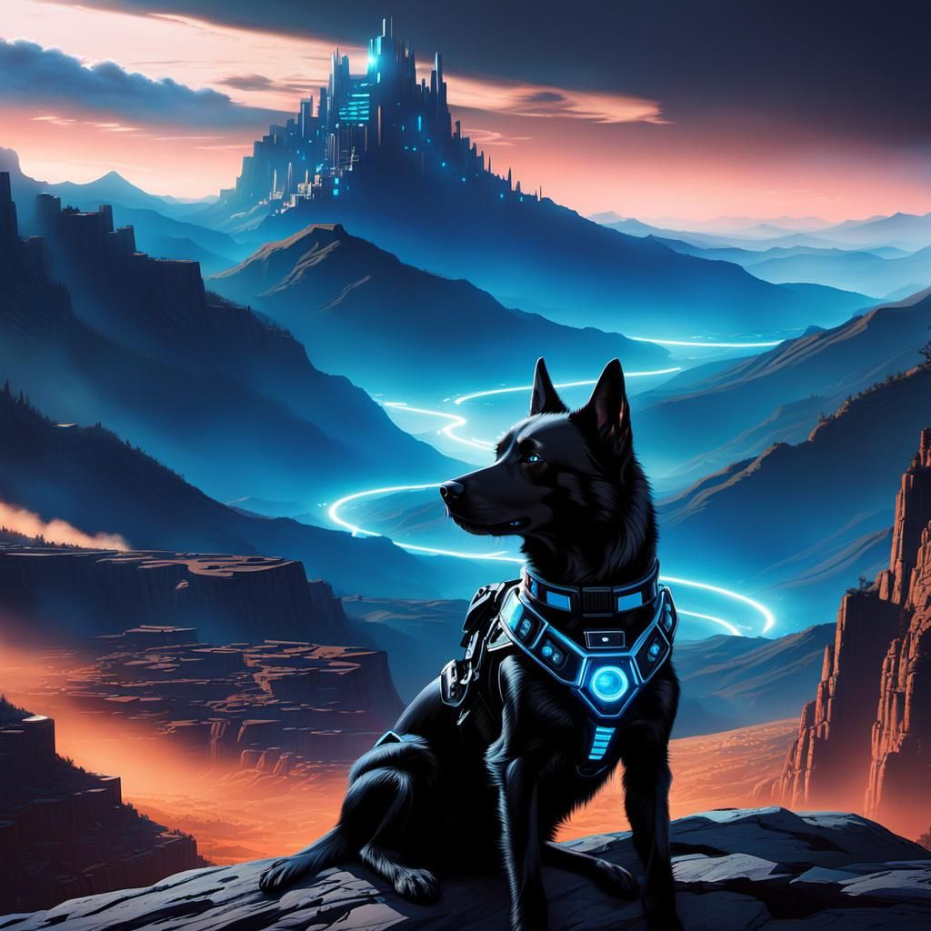 Cybernetic Dog Lounging Cliffside: Cinematic Film Still