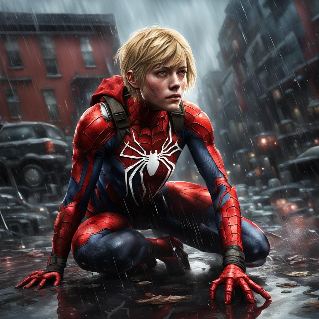 Hyperrealistic Girl in Red Spider-Man Suit on Rooftop