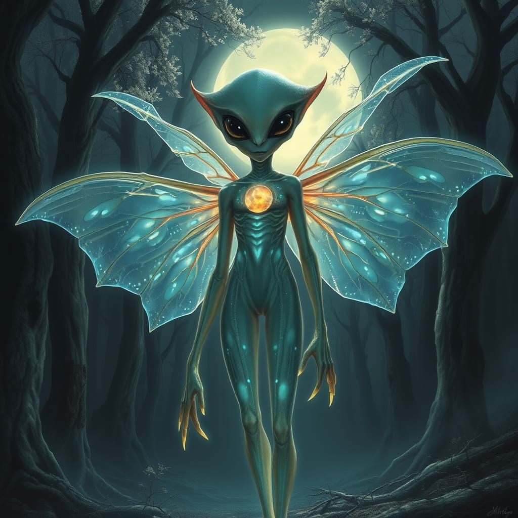 Ethereal Alien in Moonlit Forest Dark Fantasy Art