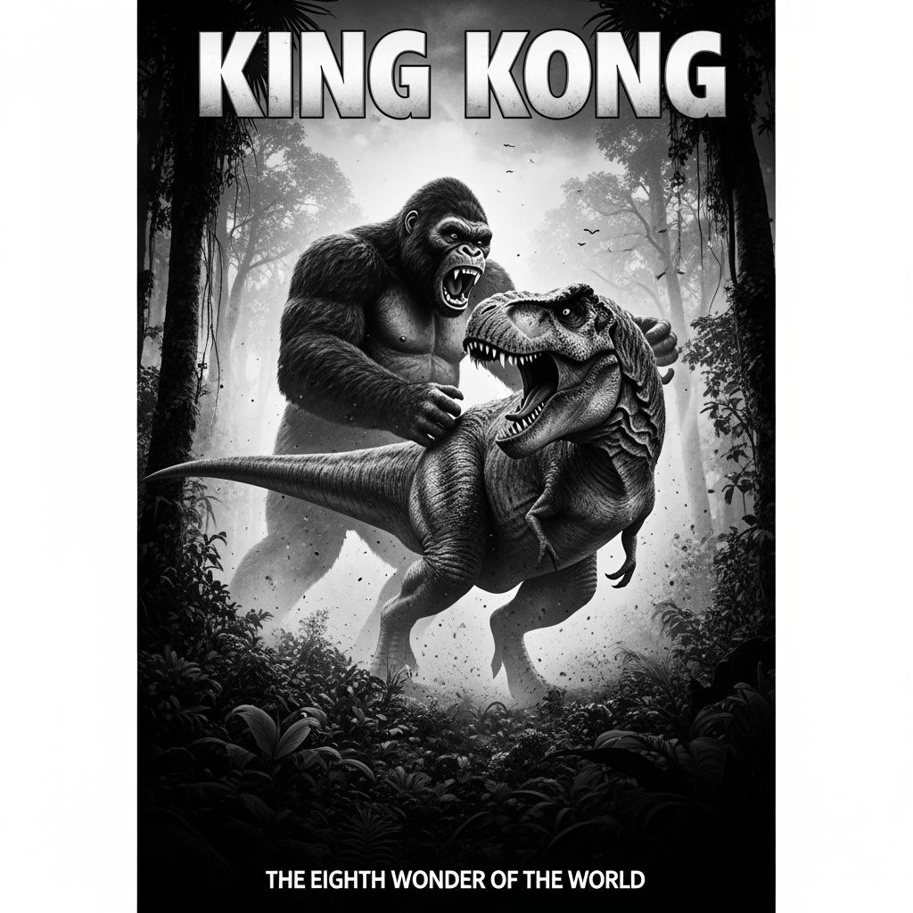 King Kong vs T-Rex Black and White Movie Poster