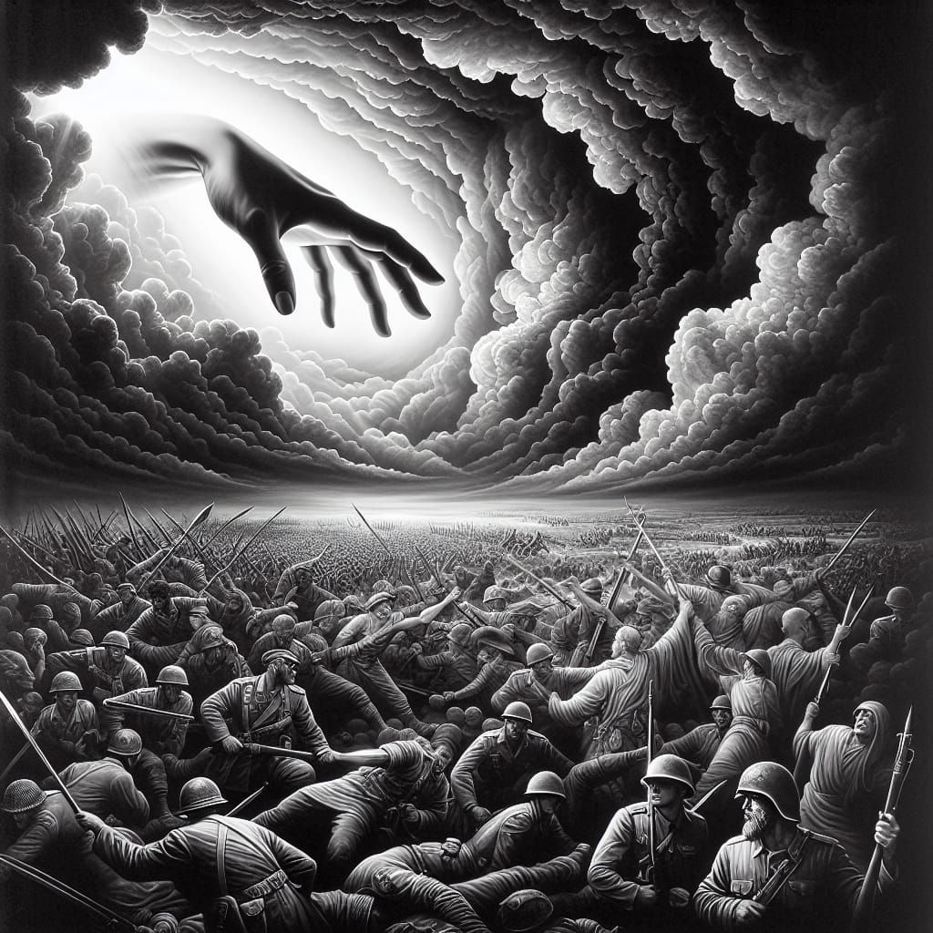 Divine Intervention: Hand of God Amidst Stormy Battlefield