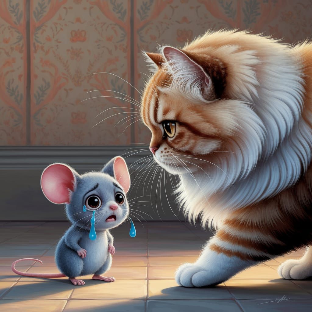 Sad Mouse Ignored by Cat: A Gouache Painting