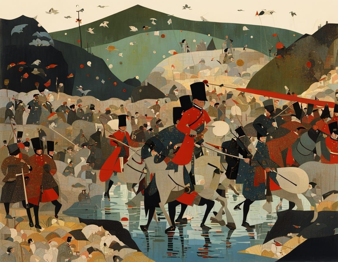 Battle in Welsh Valley as Mixed Media Collage