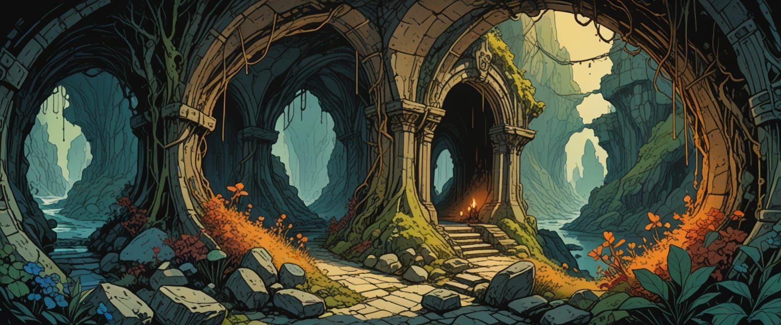 Detailed D&D Map of Underground Tunnels in Gouache Watercolo...