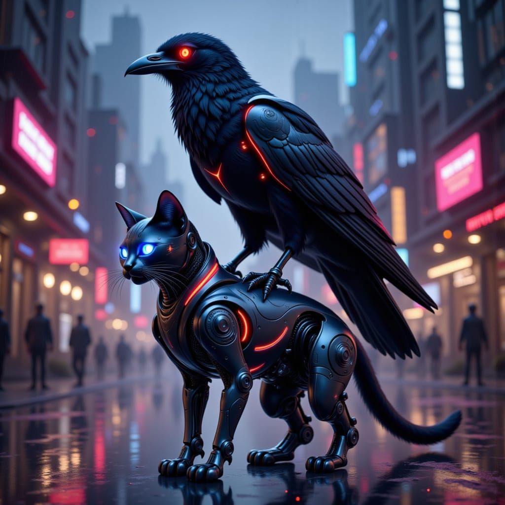 Cyborg Raven and Cat in Neon City