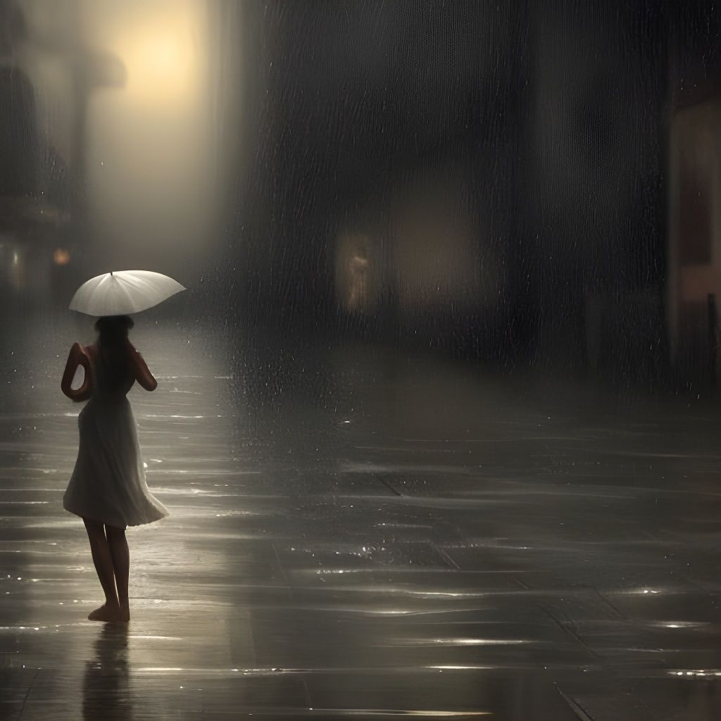 Girl Dances in Rainy Street: Dark Fantasy Art