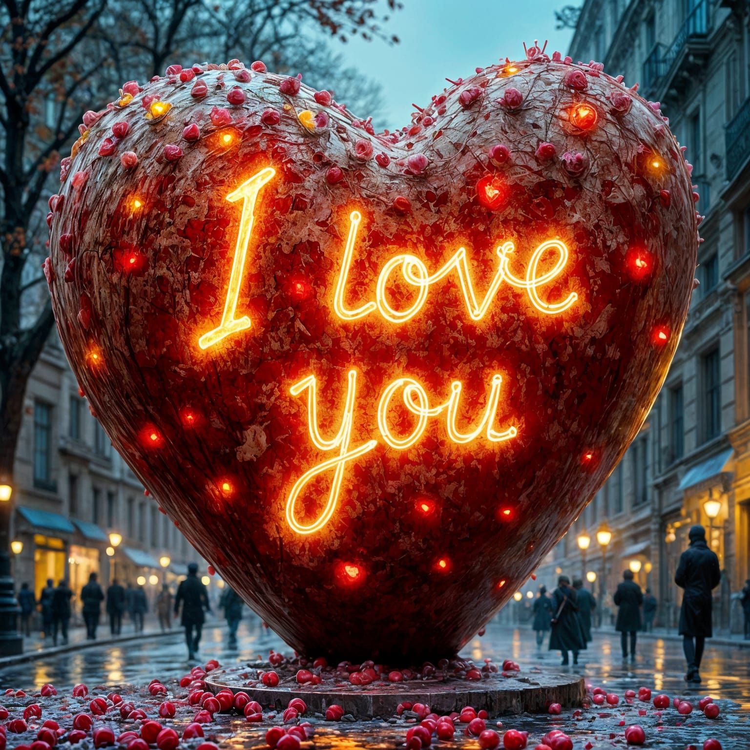 Une sculpture géante en forme de cœur de bonbon avec un message I love you IA <lora:EtherealVisionsFlux:1.0> ecrit lumin...
