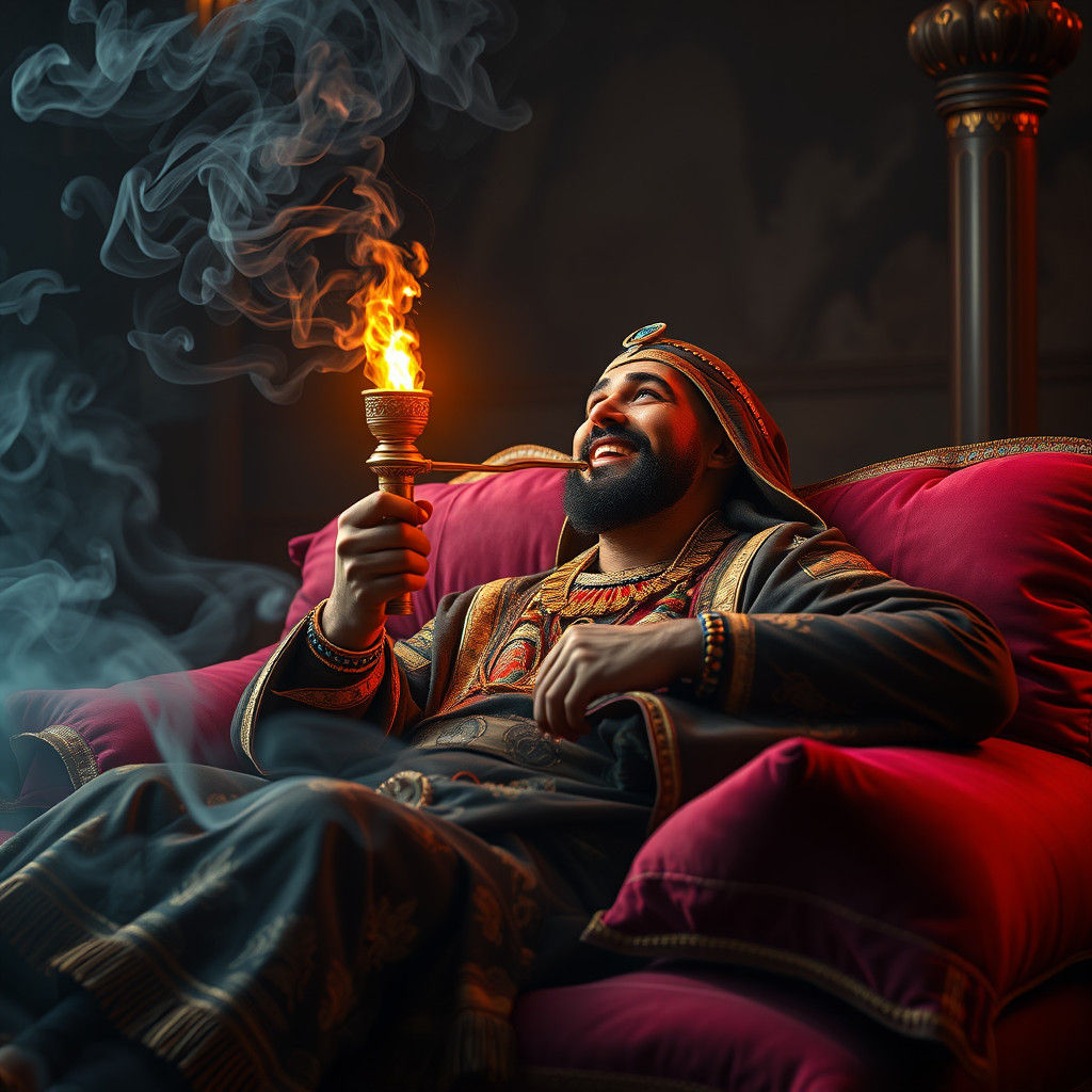 Egyptian Man Smoking Shisha Pipe in Golden Light