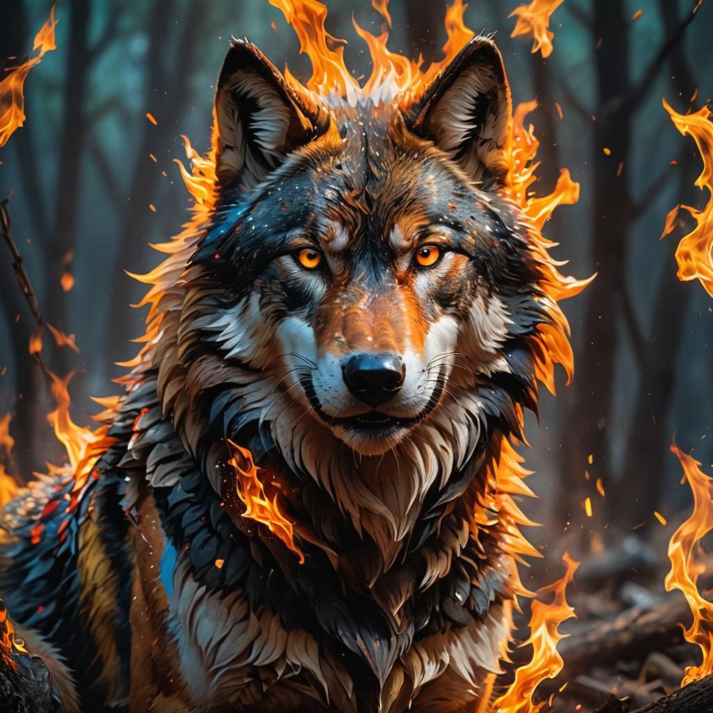 Hyperrealistic Fire Wolf in Splash Art Style