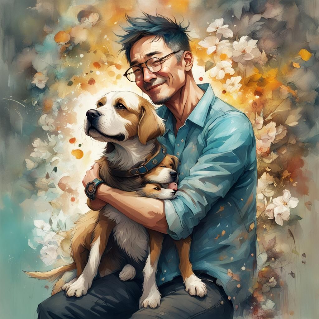 Man and Dog Portrait in Whimsical Style