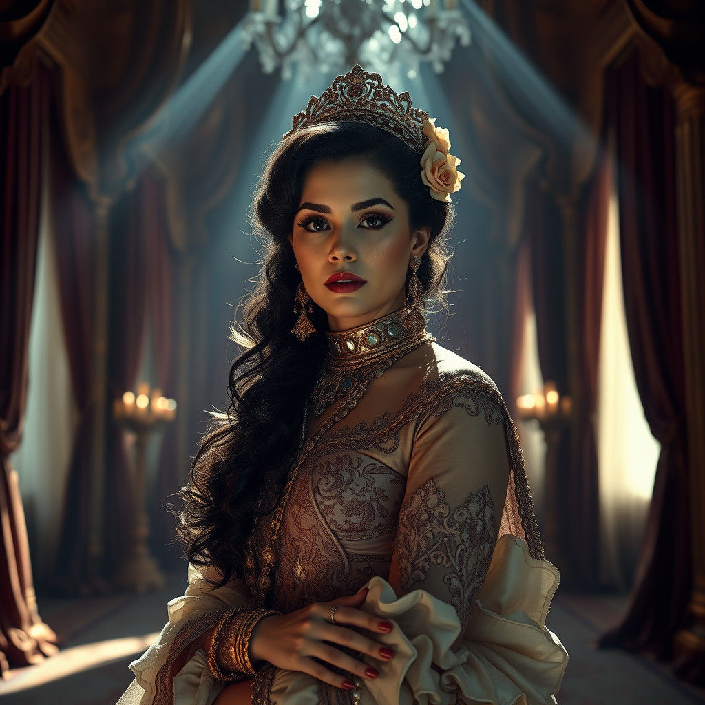 Ornate Woman in Grand Chamber with Dramatic Lighting