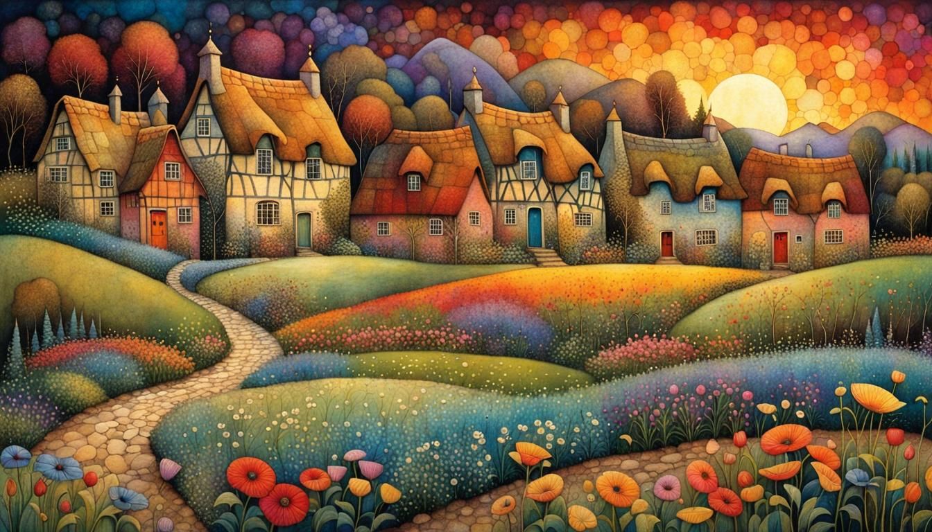 Charming Countryside Village in Patchwork Art Style