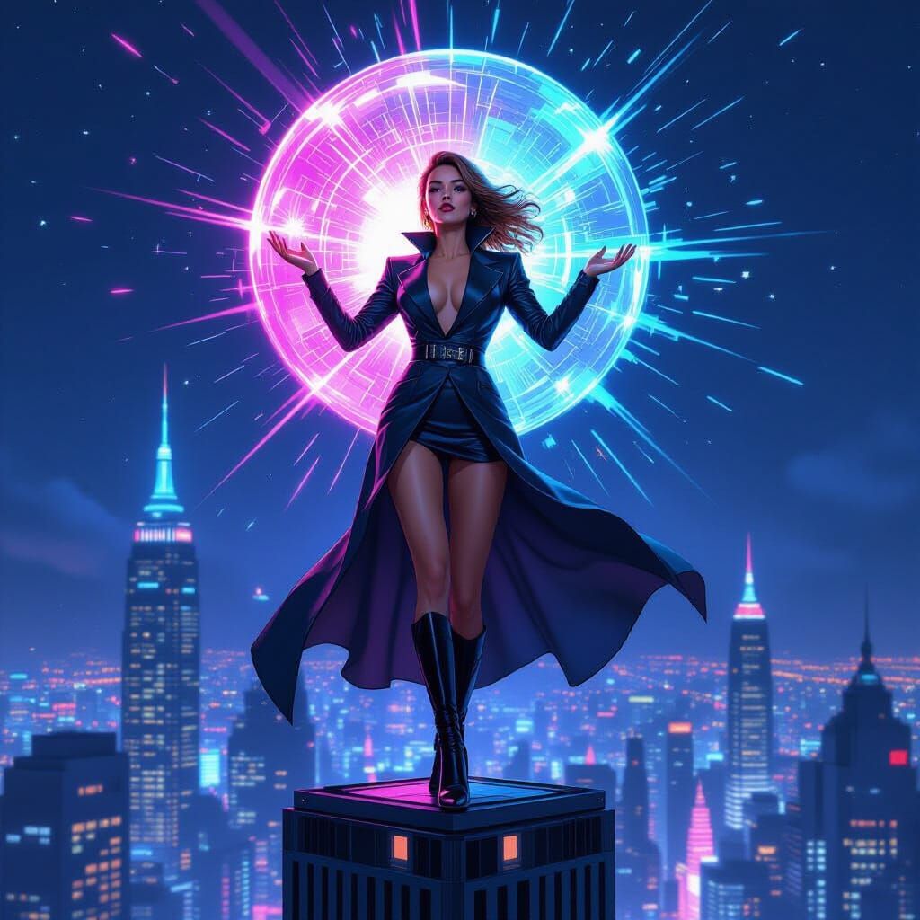 Woman with Orb on Skyscraper in Cyberpunk Comic Style