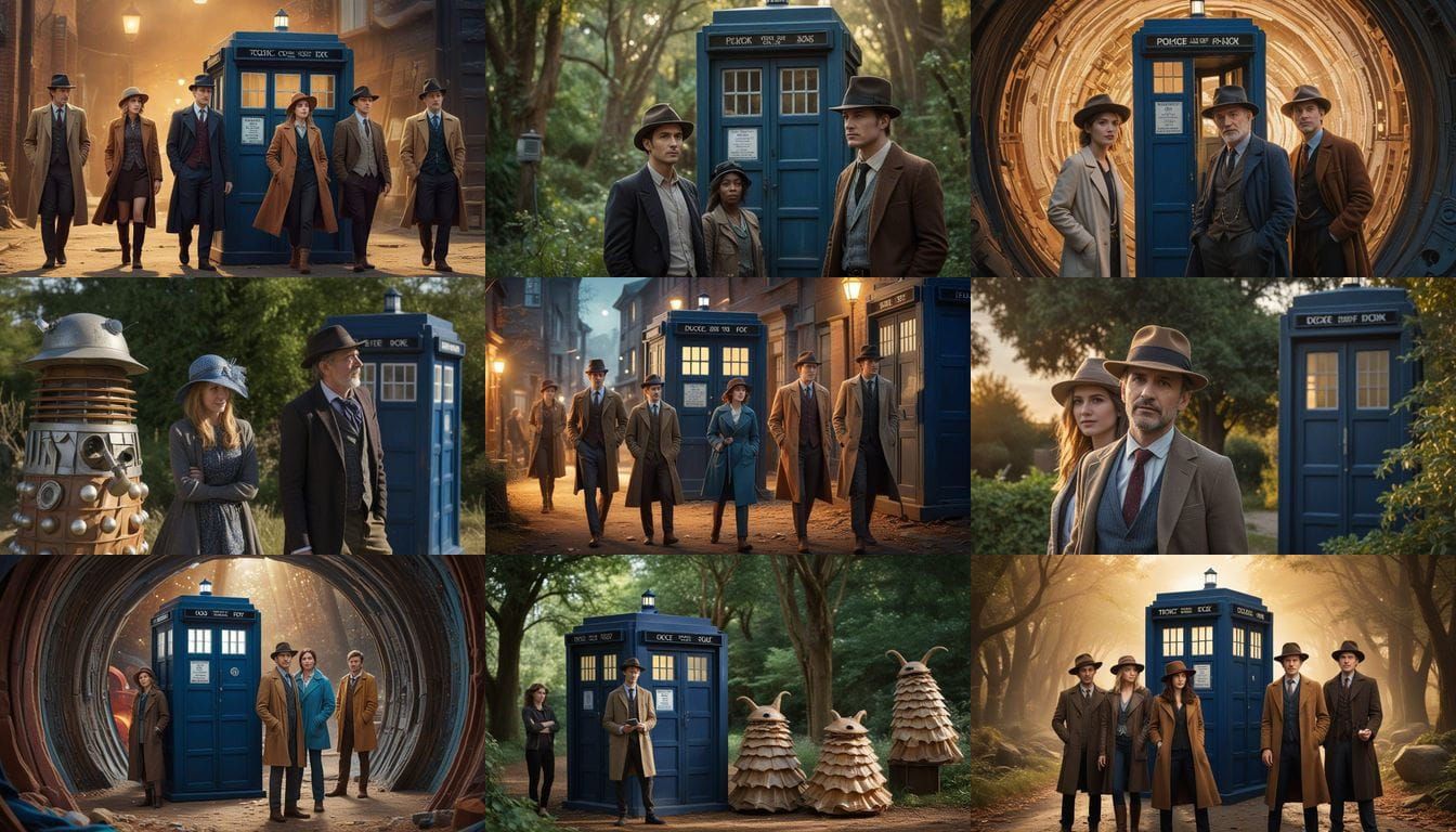 Doctor Who Characters with Unique Hats Near TARDIS