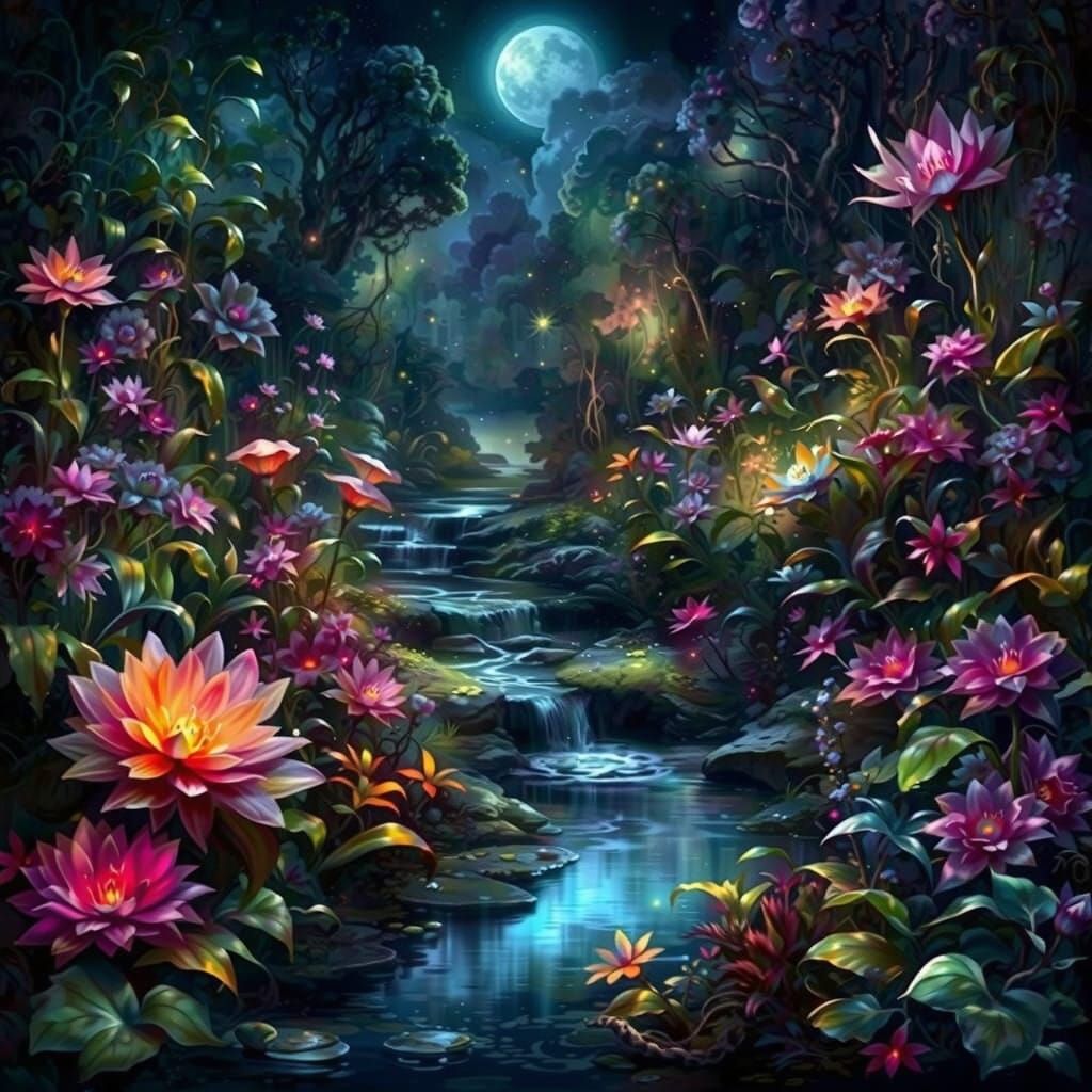 Cosmic Botanical Dreamscape in Vibrant Neon Hues