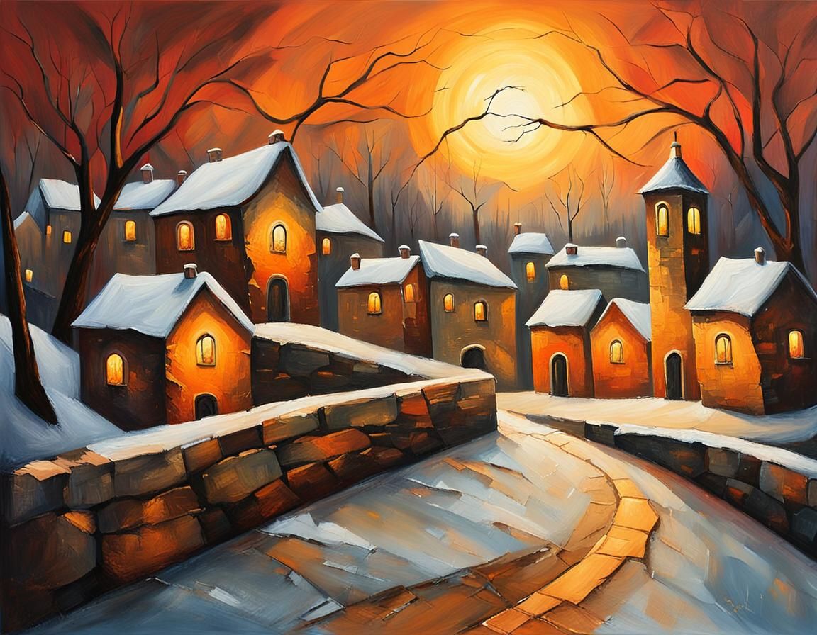 Winter Village Sunset in Romanticism Acrylic Style
