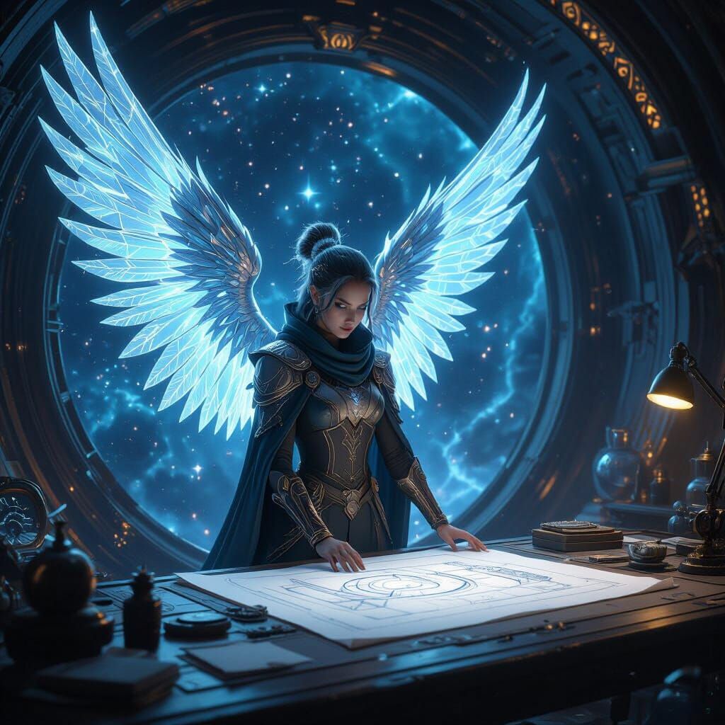 Celestial Architect Designs Starship in Dark Fantasy Style