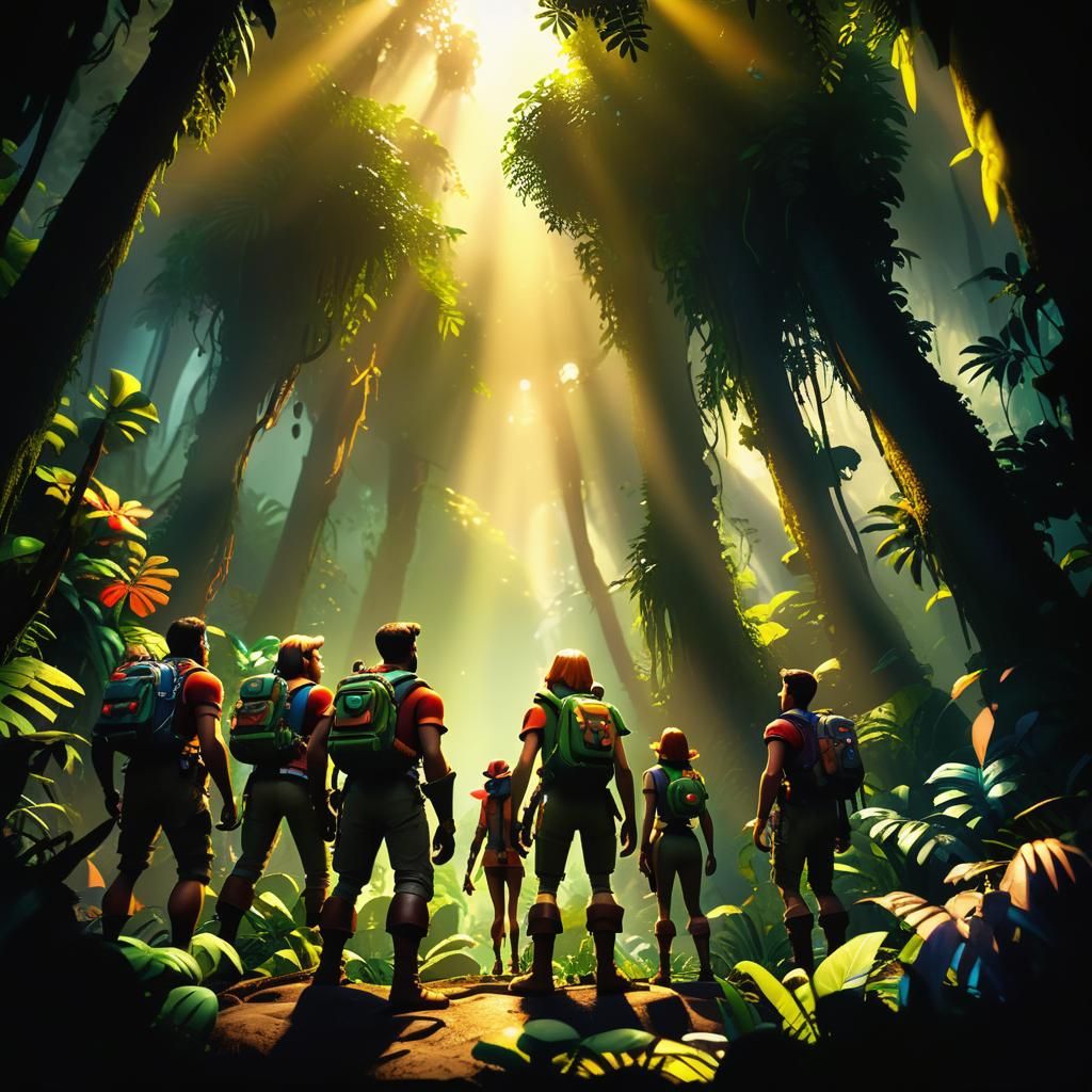 Adventurers in Jungle, Pixar-Style 3D Digital Art