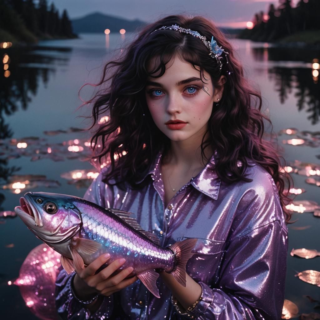 Kitsch Fantasy Woman with Fish in 80s Aesthetic