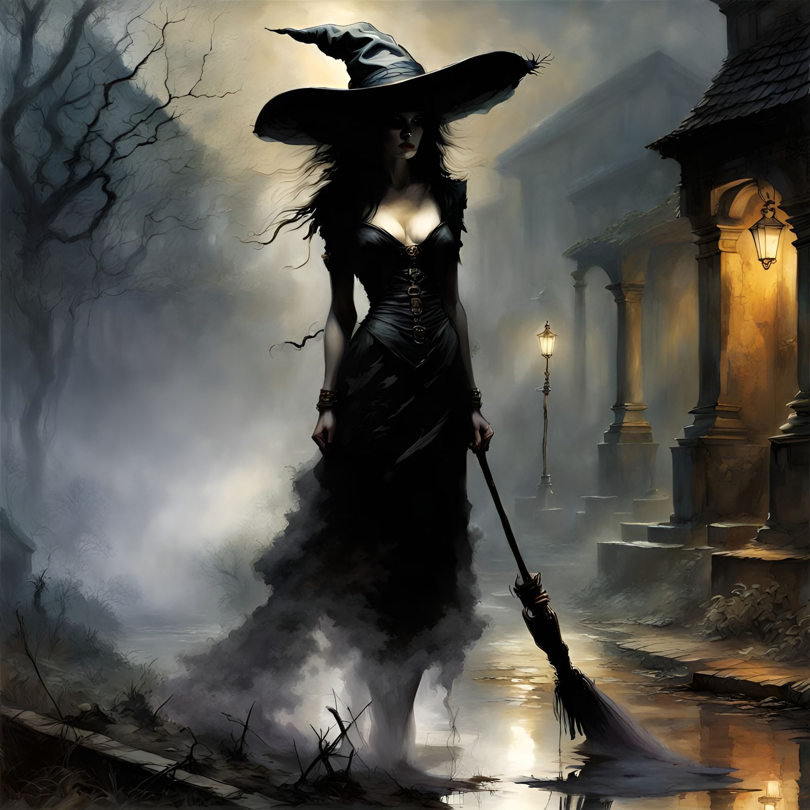 Witch in Foggy Night with Long Shadows