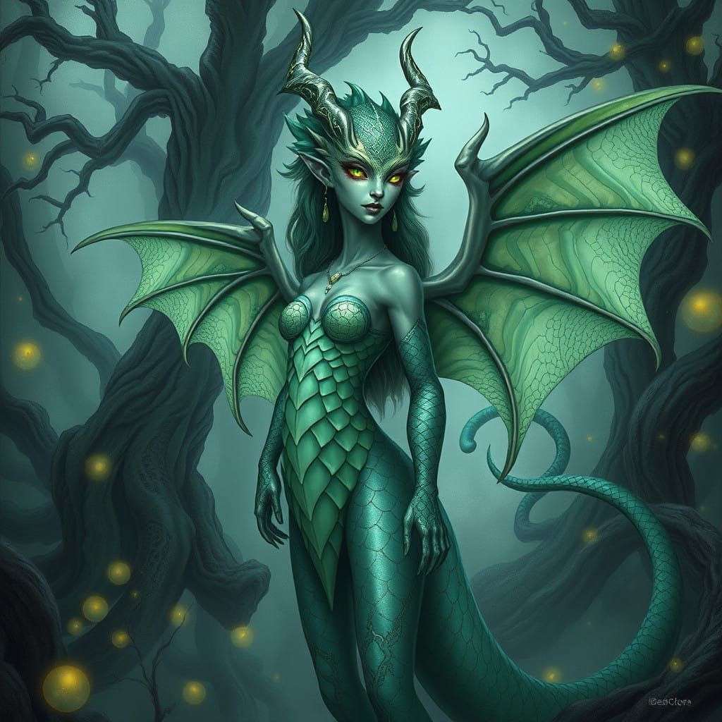 Mystical Dragonoid Goddess in a Whimsical Forest Dreamland
