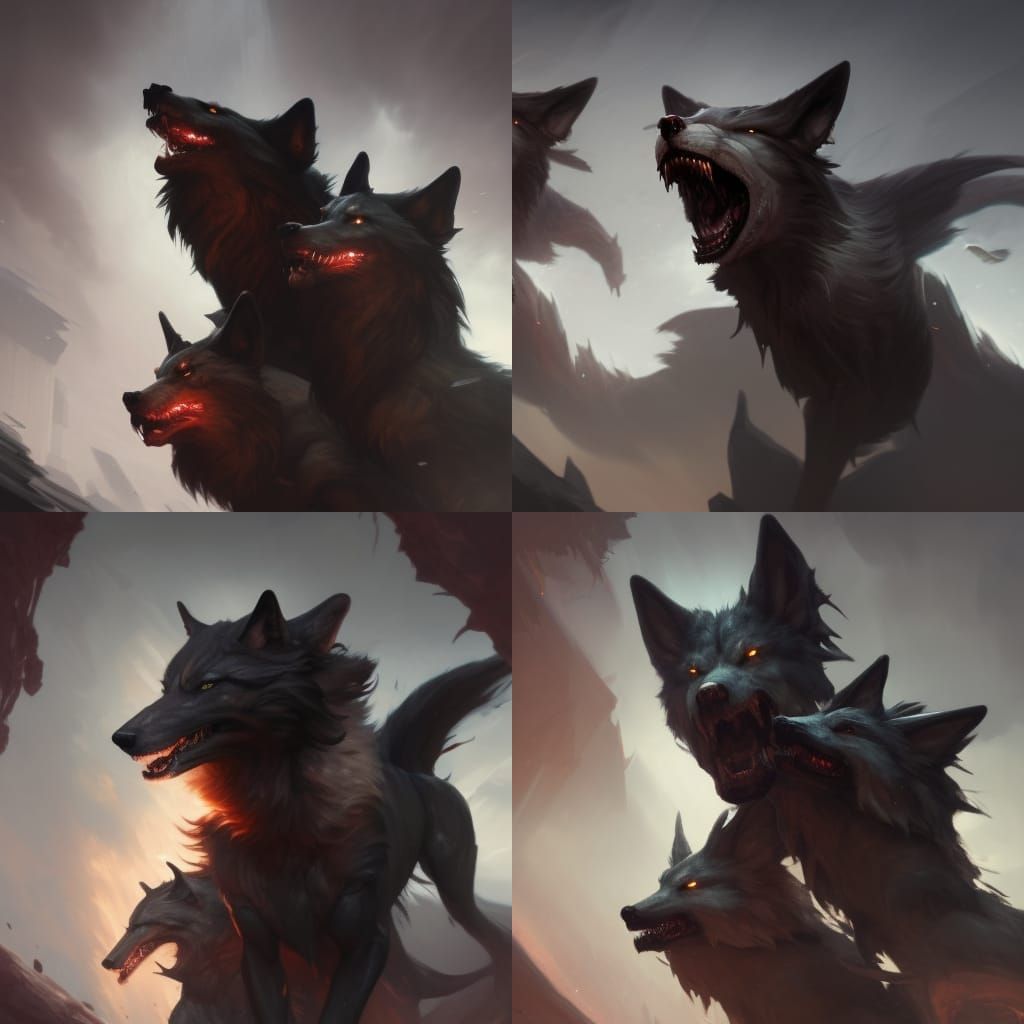 Three-Headed Wolf Cerberus in Dark Fantasy Style