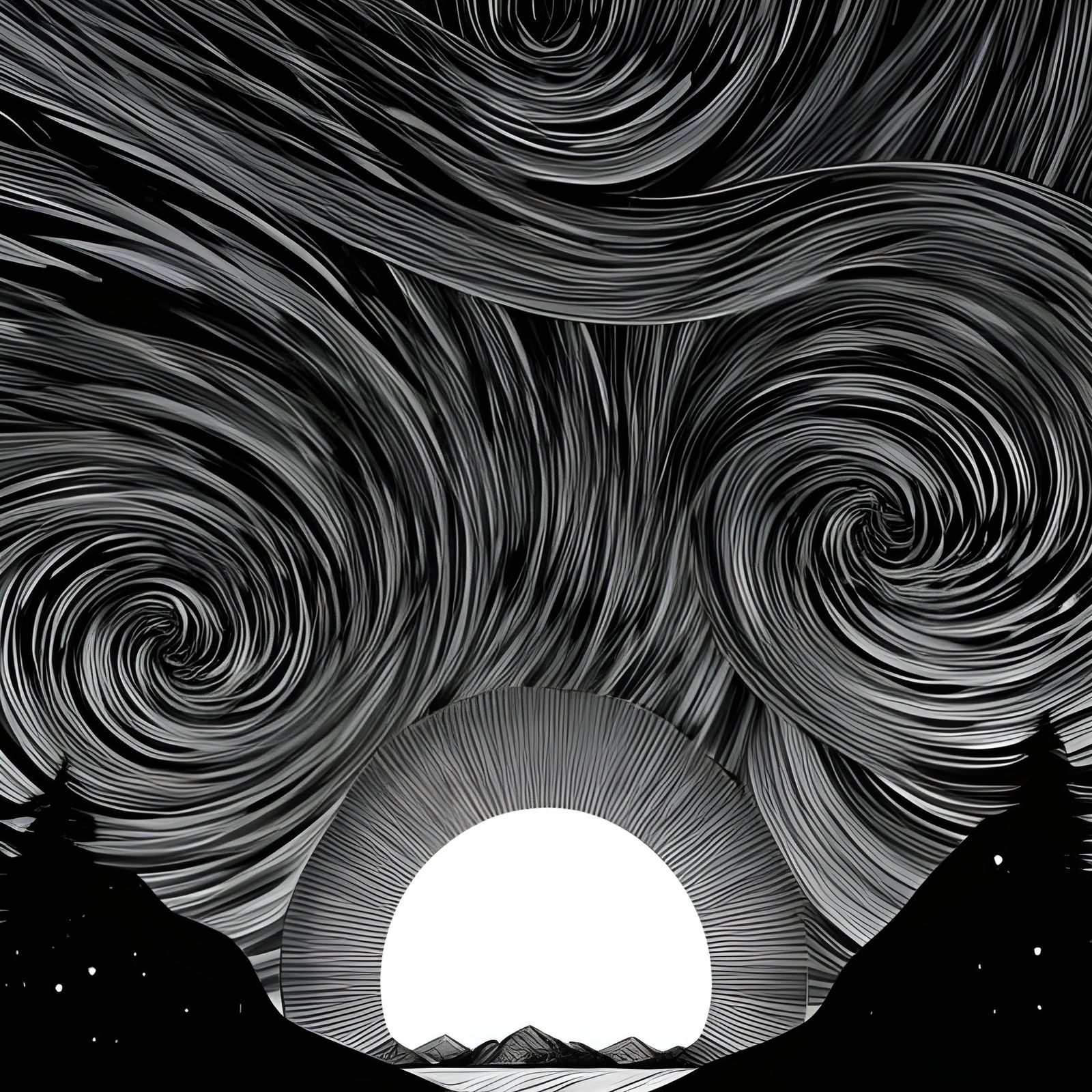 Joyous Moonrise Drawing in Black and White