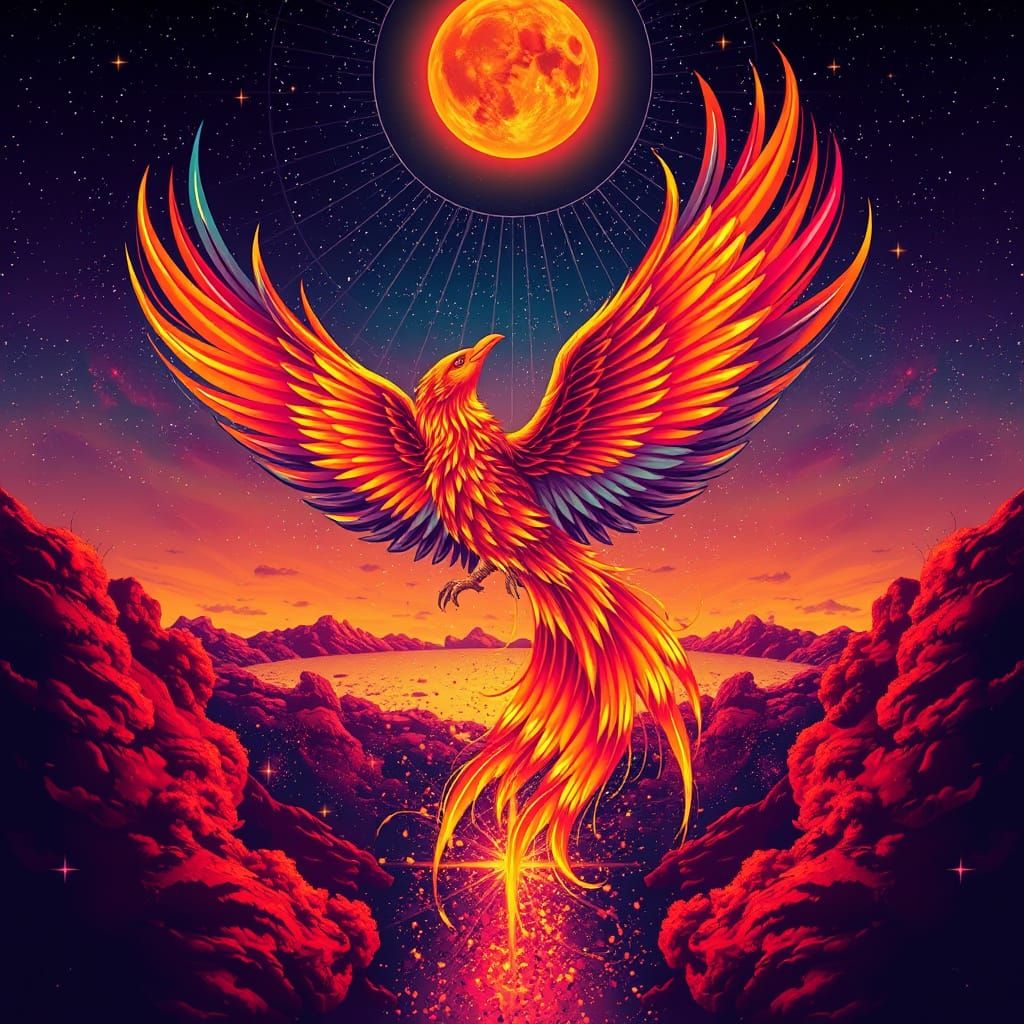 Flaming Celestial Phoenix Soaring in Twilight Sky