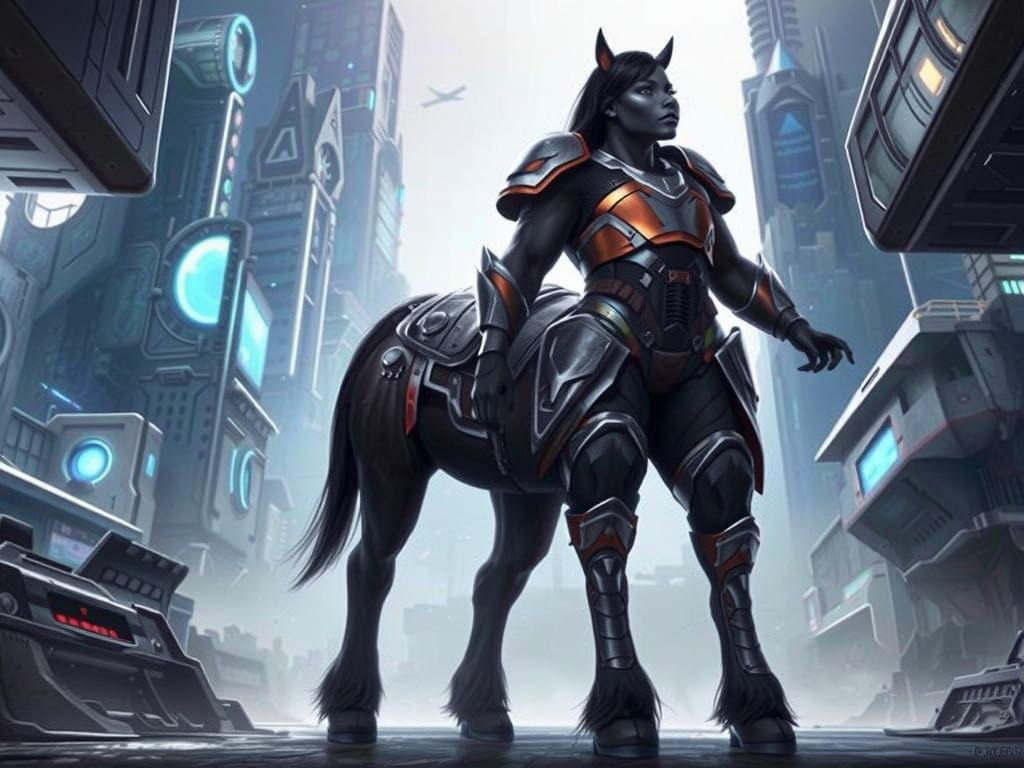 Cybernetic Centaur Warrior in Futuristic Cityscape