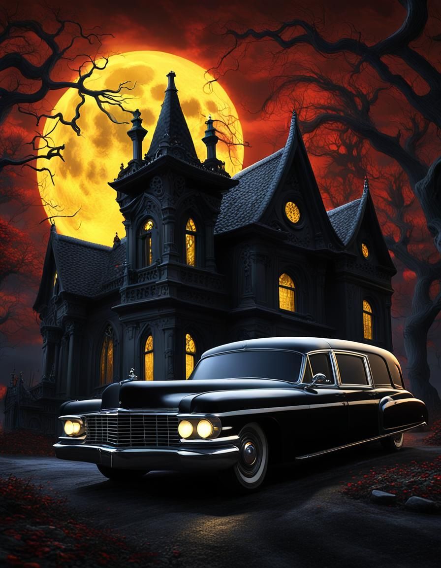 Eerie Gothic Hearse at Haunted House
