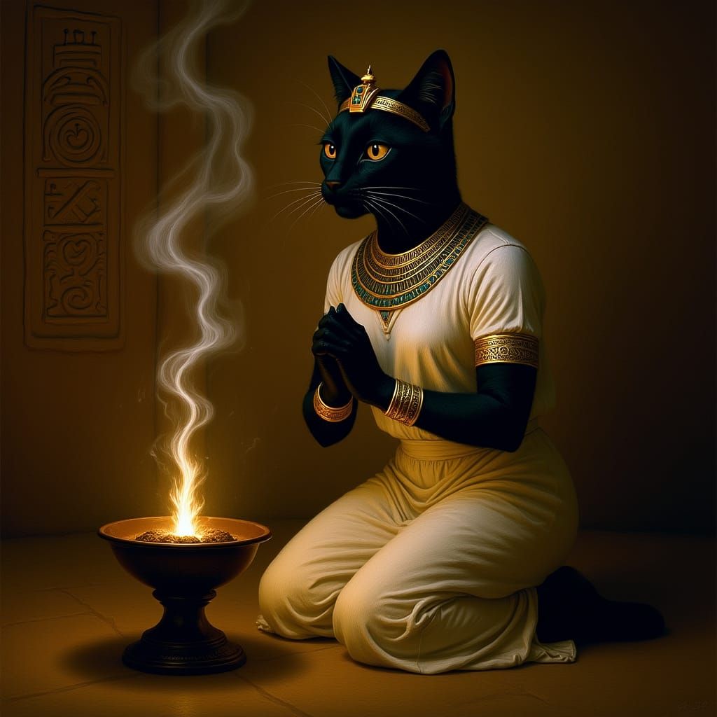 A divine Egyptian priestess with the head of a sleek black c...