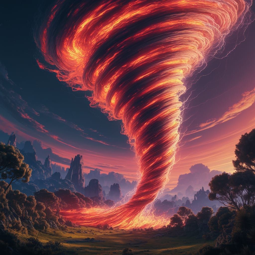 Colossal Fire Tornado in Fantasy Landscape