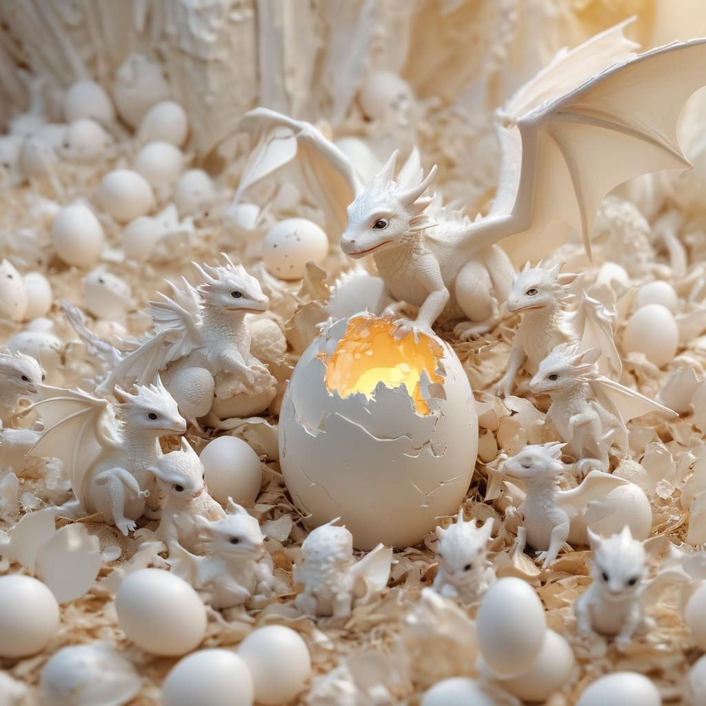 Hatching White Dragons: Whimsical Fantasy Art