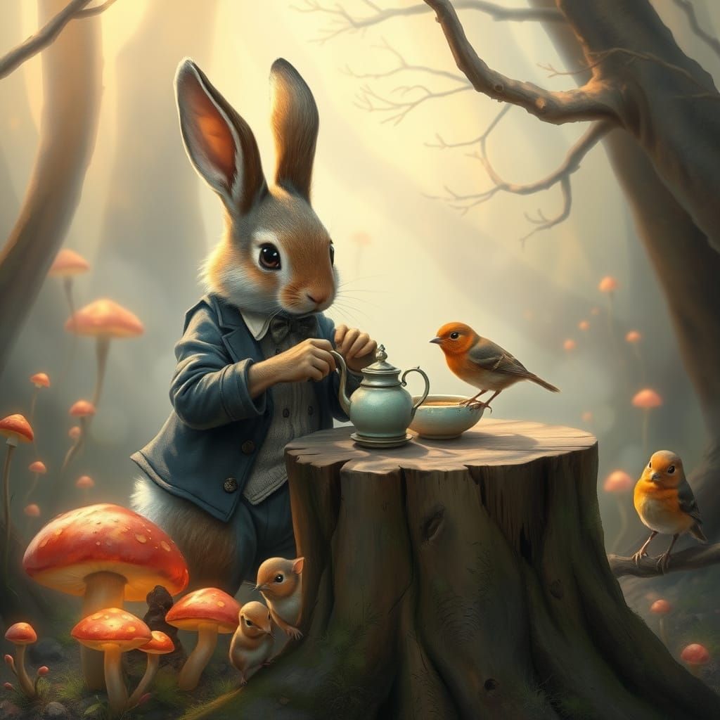 realistic whimsical magical scene of a rabbit dressed in an ...
