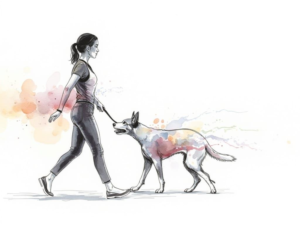Woman Walking Dog in Watercolor Ink Sketch Style