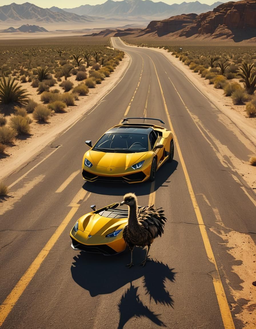 Emu in a Lamborghini Desert Dash