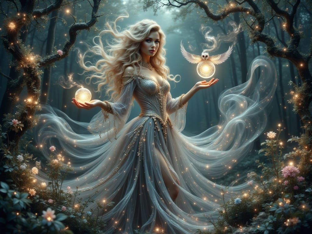 Enchantress in Mystical Forest, Photorealistic Style