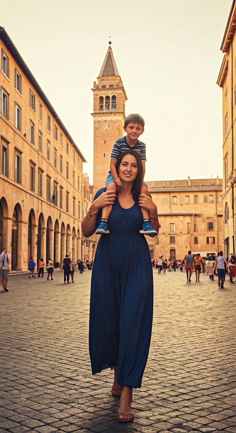 Tall Italian Woman Carries Boy in Piazza at Golden Hour