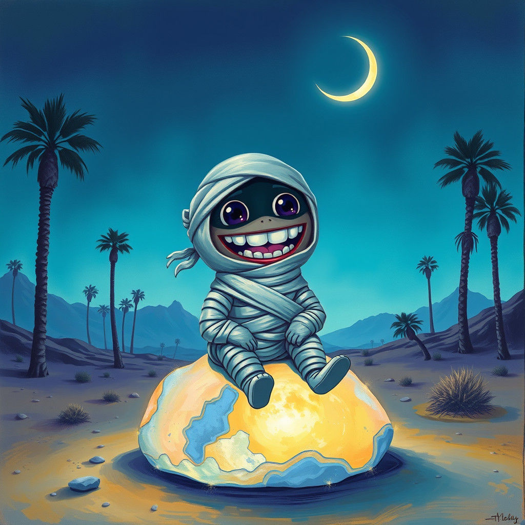 Chibi Mummy in Surreal Moonlit Desert